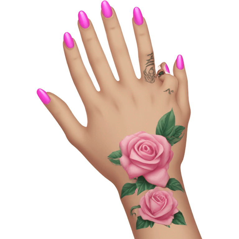 White girl arm with pink nails and tattoos emoji