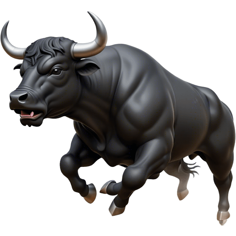 ​Cinematic Realistic Black Charging Bull, depicted in mid-charge with a powerful, muscular form and glossy black hide glistening under dynamic dramatic lighting, dust and motion captured mid-air to exude raw strength and unbridled energy on an expansive arena, emoji