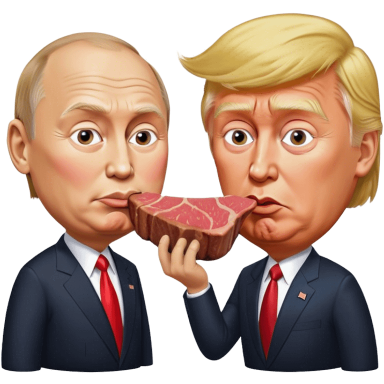 photorealistic Donald Trump and Putin eating a steak shaped like an piece of land emoji