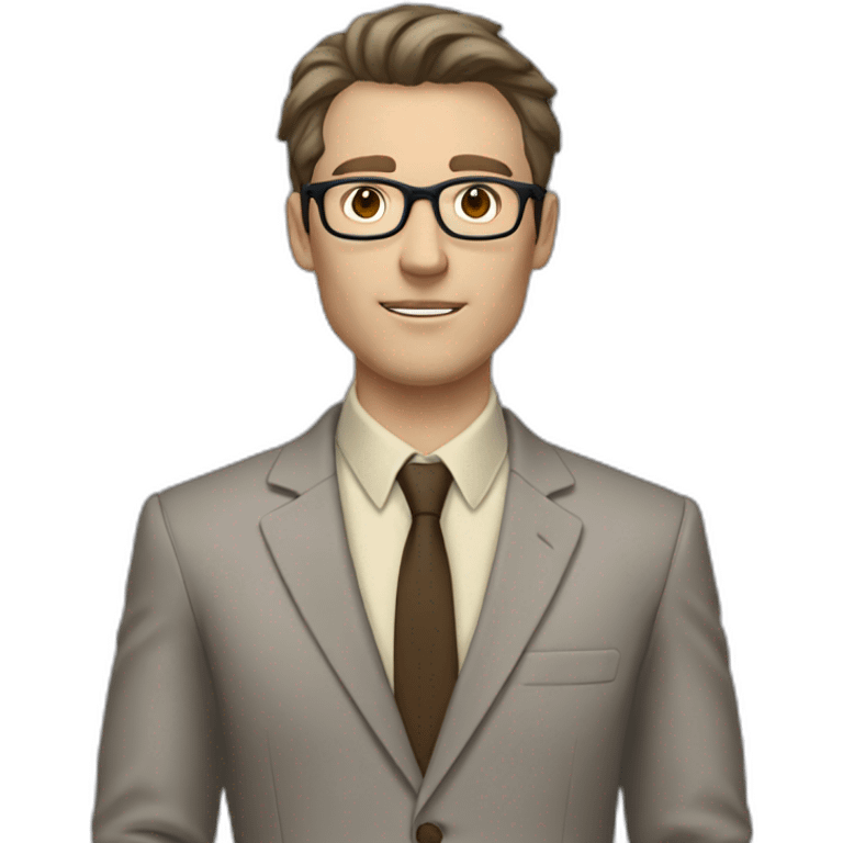 Full height Gesticulating Pale skinned fit man with dark brown hair in gray jacket, beige office shirt, brown tie, brown pants and vintage glasses. emoji