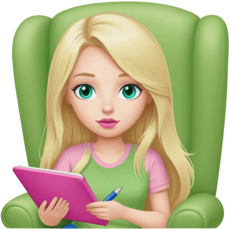 Cinematic realistic blonde with long hair, blue eyes and pink lips, dressed in a green T-shirt, sits in a beige armchair with a pink notebook and pen in her hands emoji