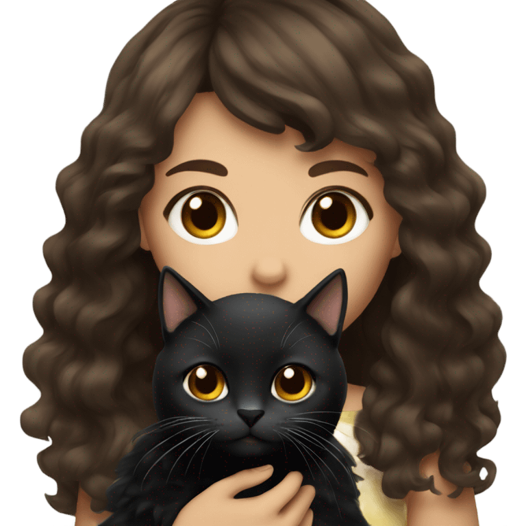 brunette female with bangs and wavy long hair with brown eyes holding chunky black cat emoji