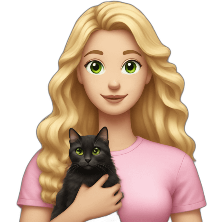 woman with green eyes and long wavy blonde hair in a pink shirt is holding a very fluffy and fat black and tortoiseshell cat emoji