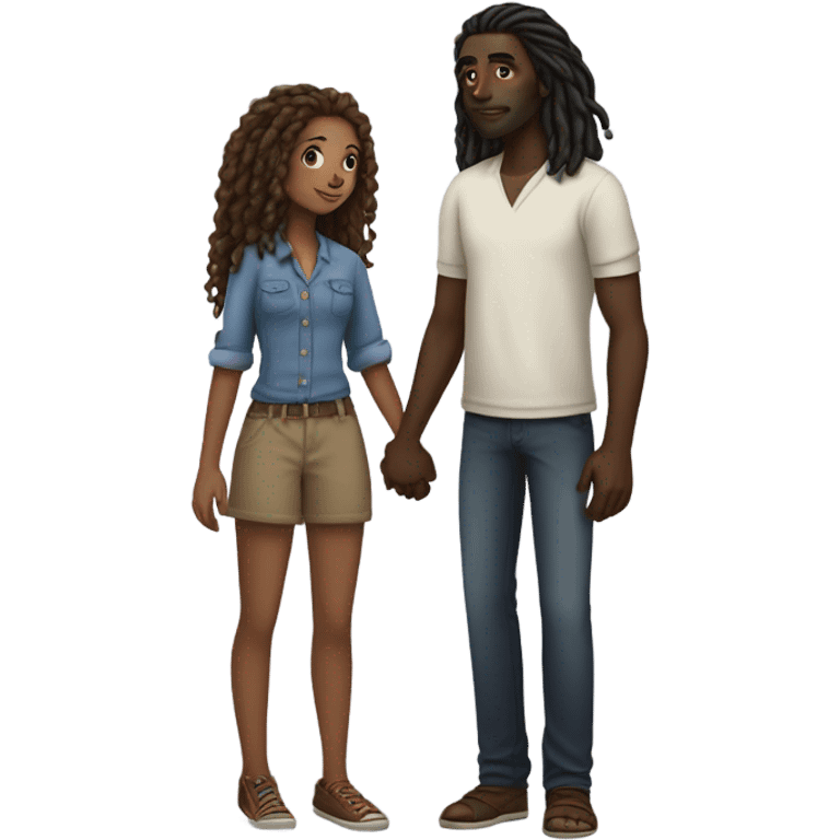 tall Darkskin man with dreads holding hands with a long curly haired brown girl  emoji