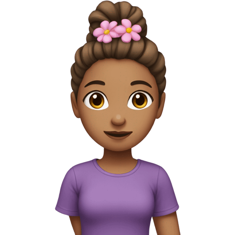 Girl with brown ponytail, pink flower on head, black and purple t-shirt and brown eyes  emoji