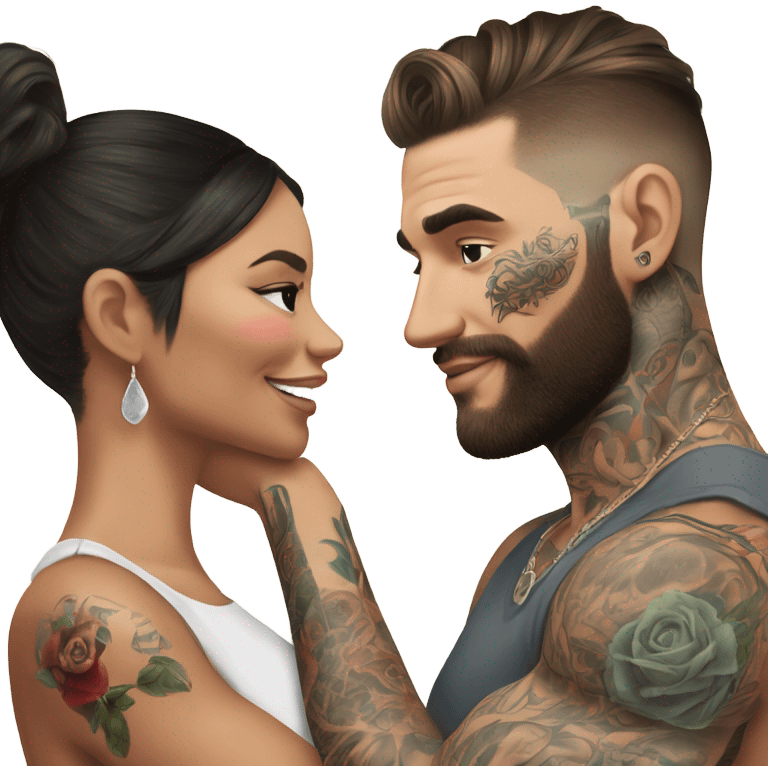 Hyper Realistic beautiful woman touching the cheek of a very handsome tattooed man emoji