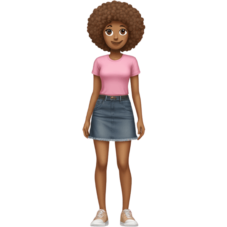 Tan girl with Afro posing full body jean skirt pink shirt emoji