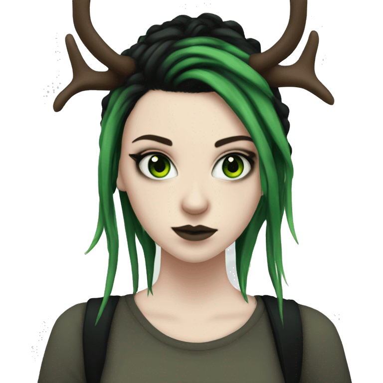 Emo girl, pale skin, green eyes, black dread-locks, eyeliner, deer antlers  emoji