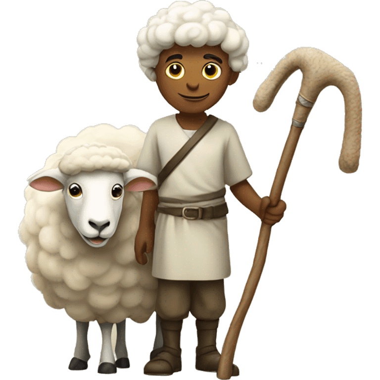 A shepherd with a staff and a sheep.  emoji