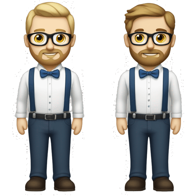 two groom, one with a dark beard and glasses and the other lighter beard with light hair and white skin. both same skin tone, wearing white shirts with blue suspenders and bowties emoji