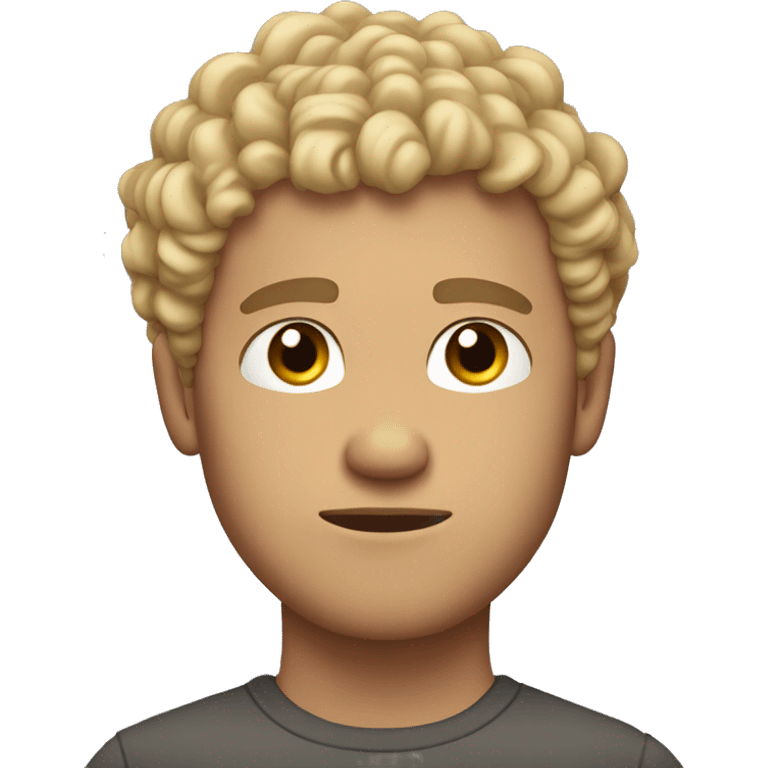 very curly blonde short hair guy, dark brown eyes, serious face emoji