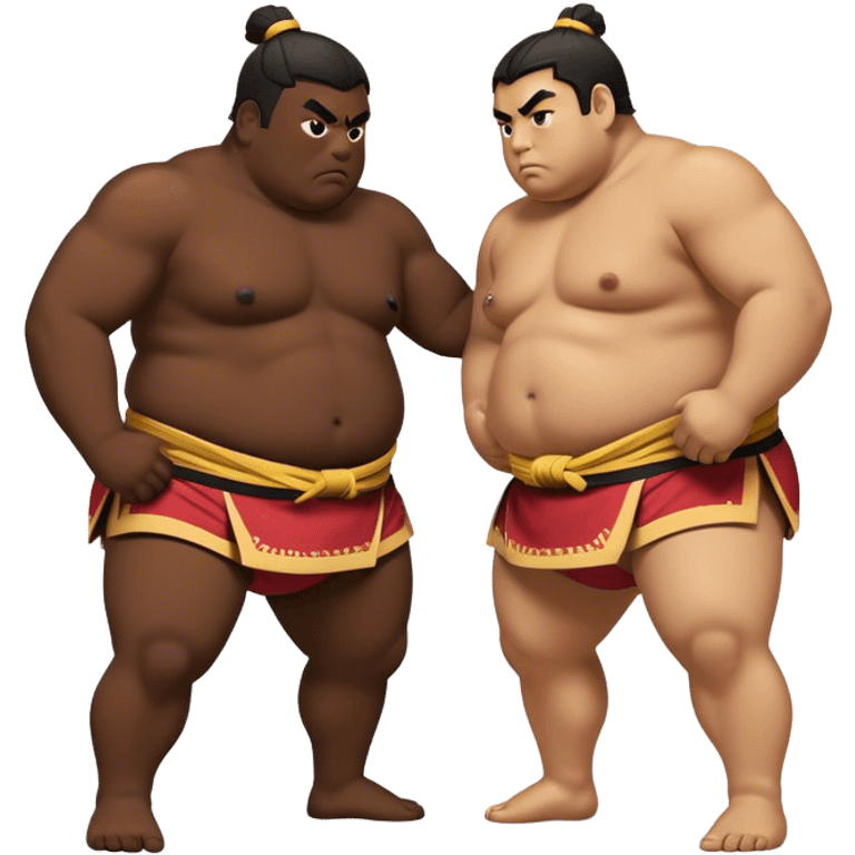 Cinematic Realistic Sumo Wrestling Emoji, depicted as an intense sumo match featuring powerful wrestlers in traditional mawashi, rendered with rich textures and dynamic dramatic lighting that captures the raw intensity of the sport. emoji