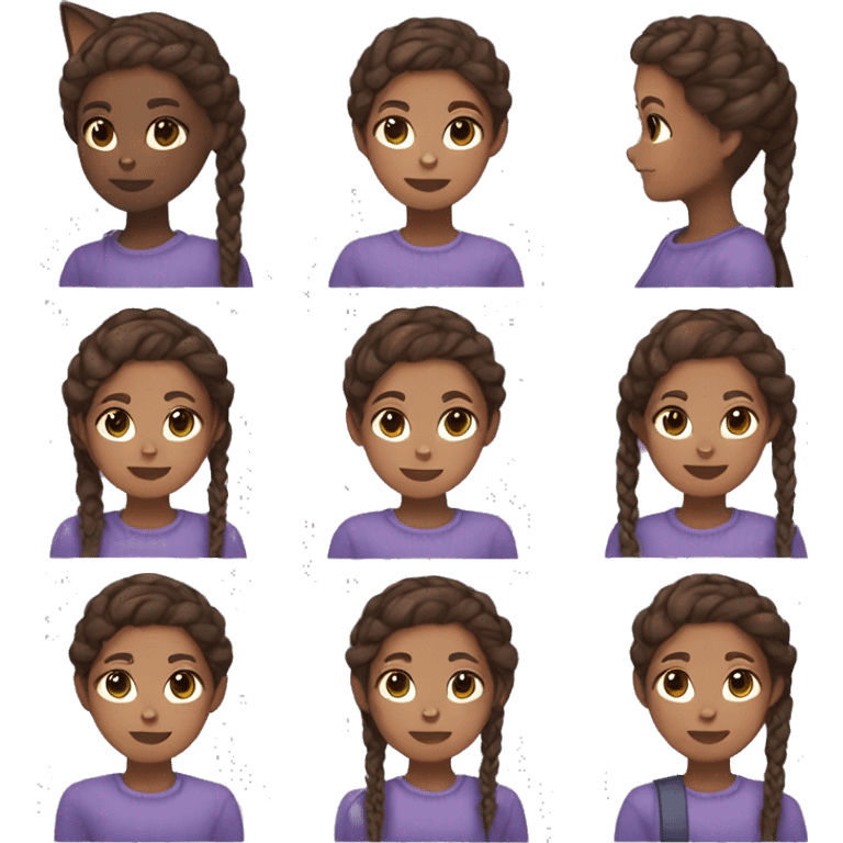 Brown hair girl, braids, brown eyes, violet sweater, headphones, clear glass, brown skin, and cat in arms emoji