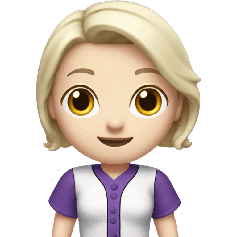 baseball card character. white female. short brunette hair. letter C logo. Purple and white uniform.  emoji