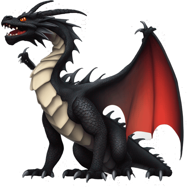 dragon siting with black scales and Scarlet markings 2 black horns waving his claw in drawn anime style. vibrant colors. slight smirk and tilted head red membrane on the wings detailed scales, and eyes emoji