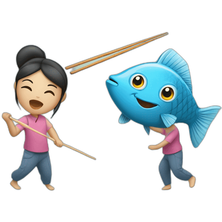 Asian girl fighting a fish with chopsticks emoji