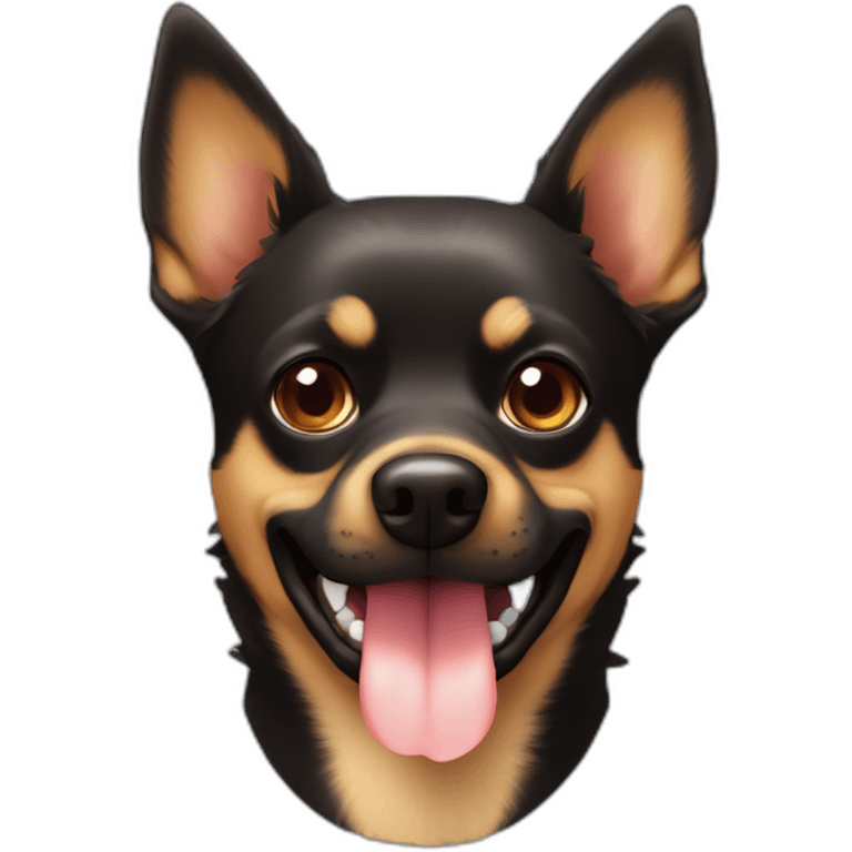 black brown colored mutt dog with small german shephard head but larger chihuahua eyes and large overbite with left upper sharp canine tooth a crooked and sticking out mouth emoji