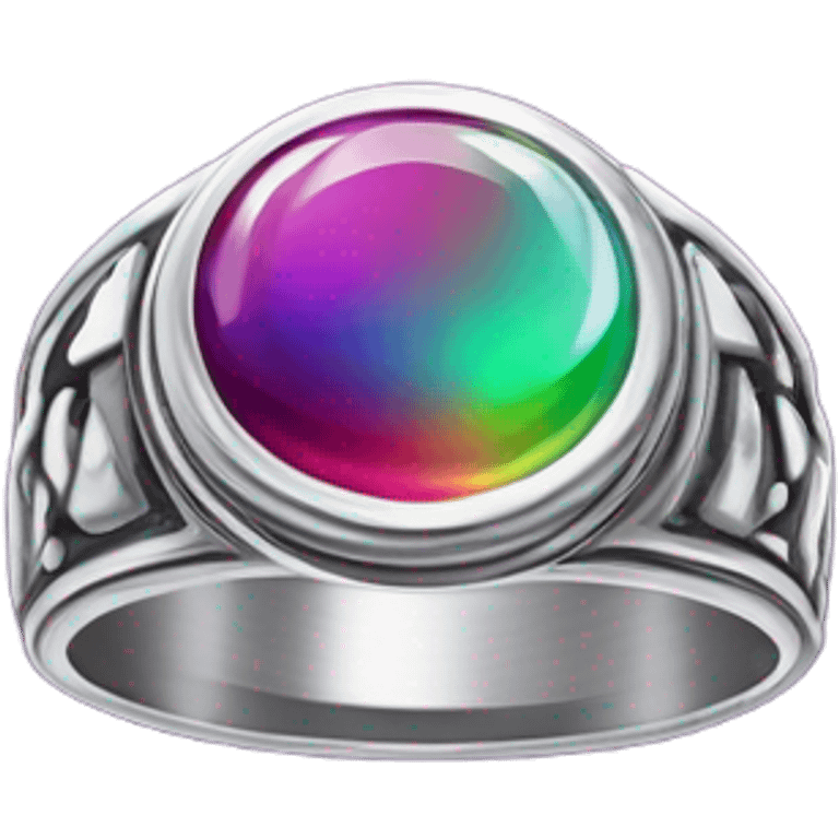 A highly detailed, close-up digital sticker of a 90s Y2K-style mood ring, featuring a chunky silver band with intricate engravings. emoji