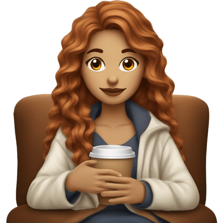 Auburn long wavy haired girl in with a blanket and a latté coffe emoji