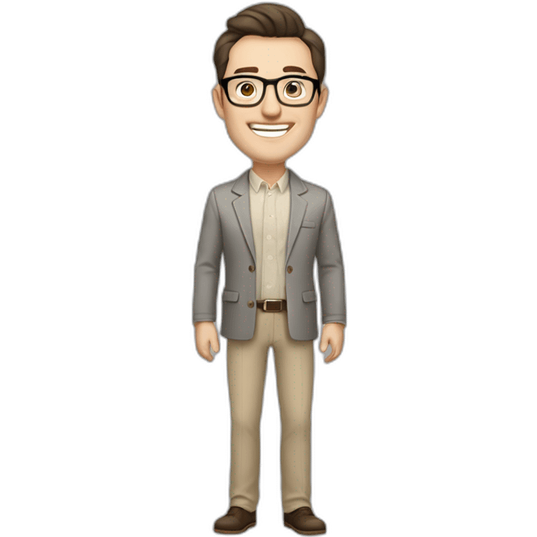 Joyful Full height Pale skinned Fit Man With dark brown hair in gray jacket, beige office shirt, Brown pants and vintage glasses. His thrumbs up emoji