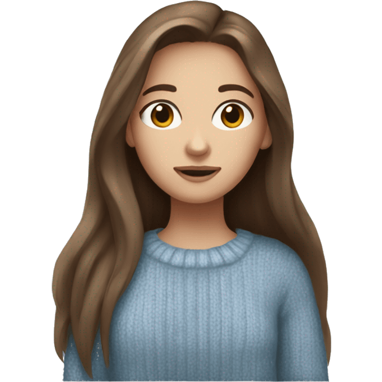 Girl, straight shoulder long brown hair, blue eyes , wearing a cozy sweater  emoji