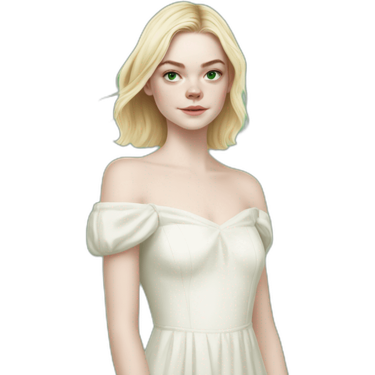 Elle Fanning with bare shoulder-length hair and a white dress, full green eyes and a closed mouth. emoji