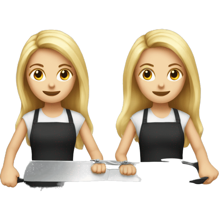 Blonde long hair girl with black apron and scissors in a hand  emoji