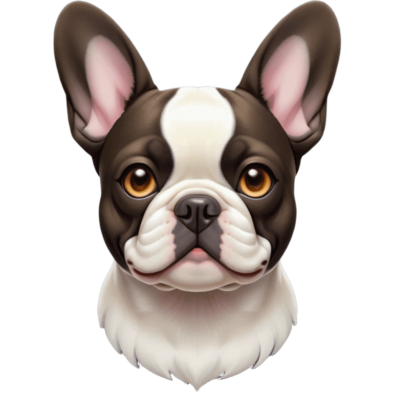 Cinematic Noble Pied French Bulldog Portrait Emoji, Radiating regal yet playful charm, with a distinctive pied fur of contrasting hues and a sculpted, expressive face featuring gentle, wise eyes and a confident stance, simplified yet artistically detailed, glowing with a soft, sophisticated radiance, high shine, exuding intelligent nobility and refined flair, soft glowing outline, capturing the essence of a noble Pied French Bulldog that embodies both strength and grace! emoji