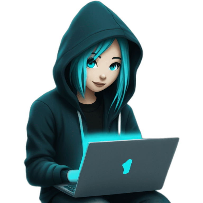  Girl artist behind his laptop with this style : Alan Walker Singer neon glowing bright black+cyan character black+cyan themed character emoji