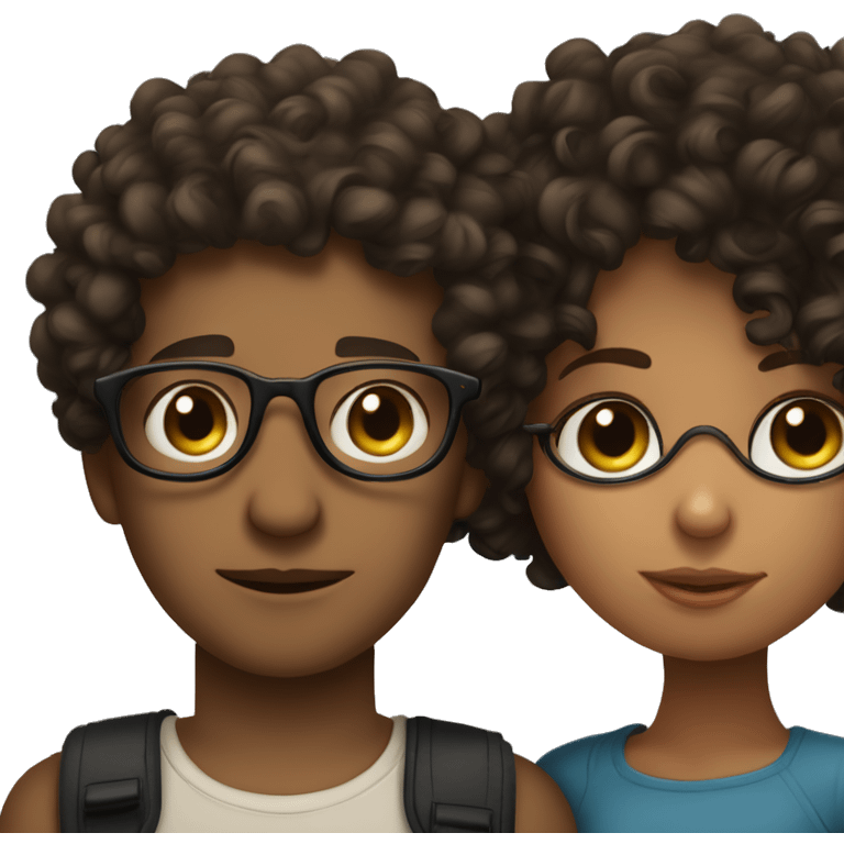 Curly haired boy with dark brown curls kissing a curly haired girl with black glasses emoji