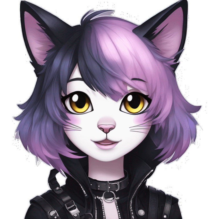 Gorgeous sparkly shiny epic magical gradient gothic dark techwear anime style anthro cat with blushing face aesthetic and pretty edgy black with collar and harness trending style emoji