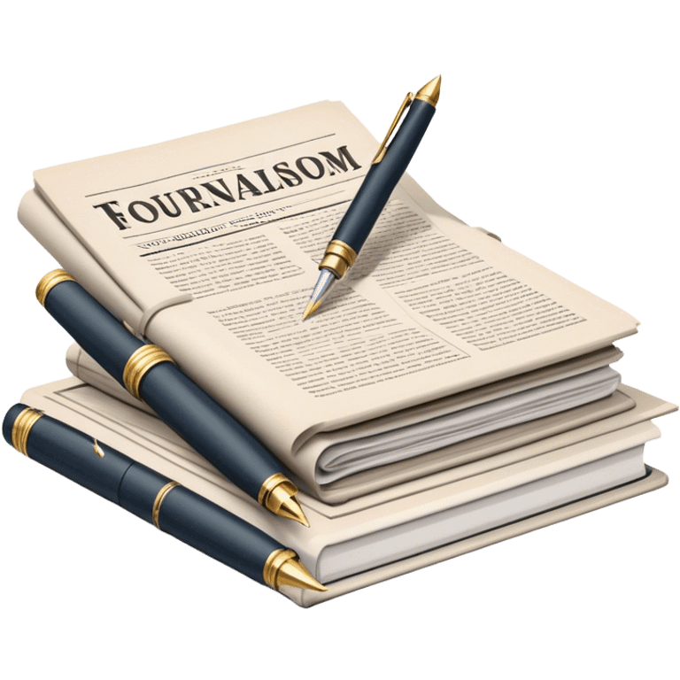 Create an emoji representing journalism and publicistic writing. The design should feature a stack of newspapers, an open notebook, and a single classic fountain pen placed on top of the notebook, symbolizing the act of writing. The scene should convey a sense of professionalism and thoughtful analysis. Use a neutral and professional color palette, with black, white, and muted tones. Do not include any emojis or smiley faces. Make the background transparent. emoji