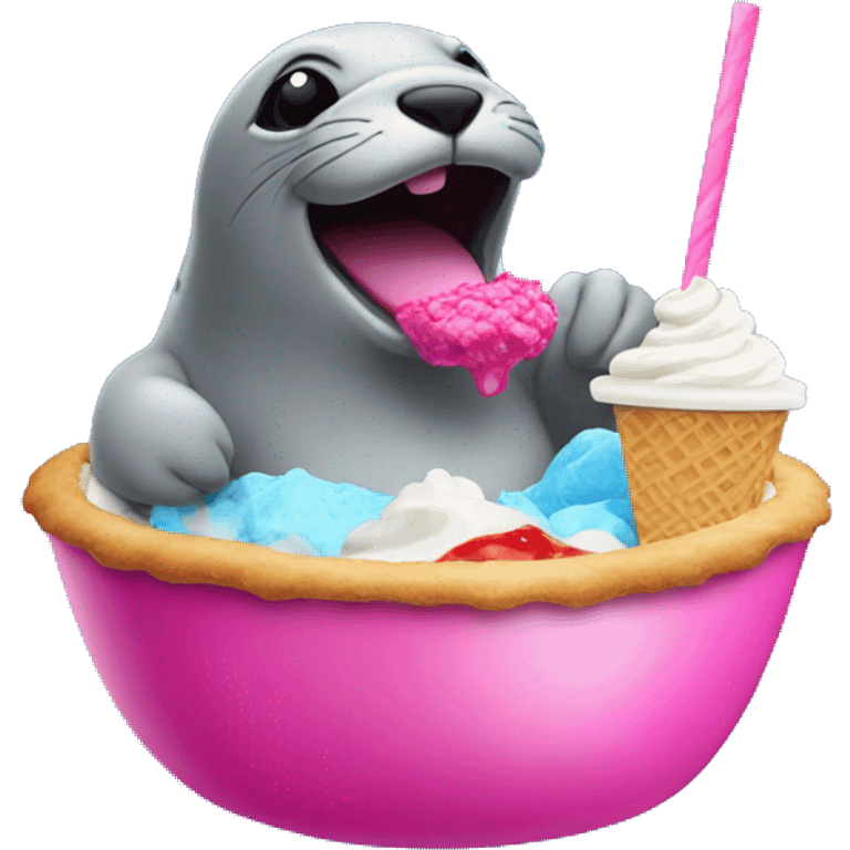 a big fat seal eating a blue and hot pink snocone with pizza on top and sitting in a bowl of fro yo emoji