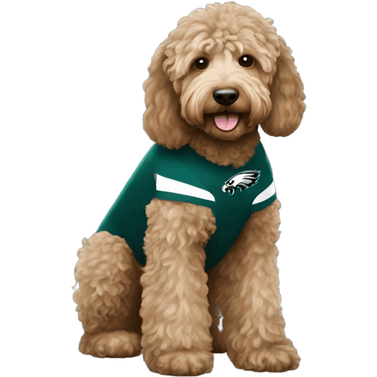 Light brown Labradoodle wearing a Philadelphia eagles shirt emoji