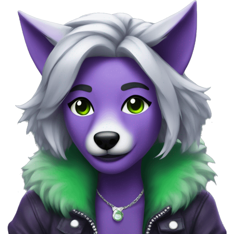 A purple Anthro wolf rockstar with green highlights in her grey hair emoji