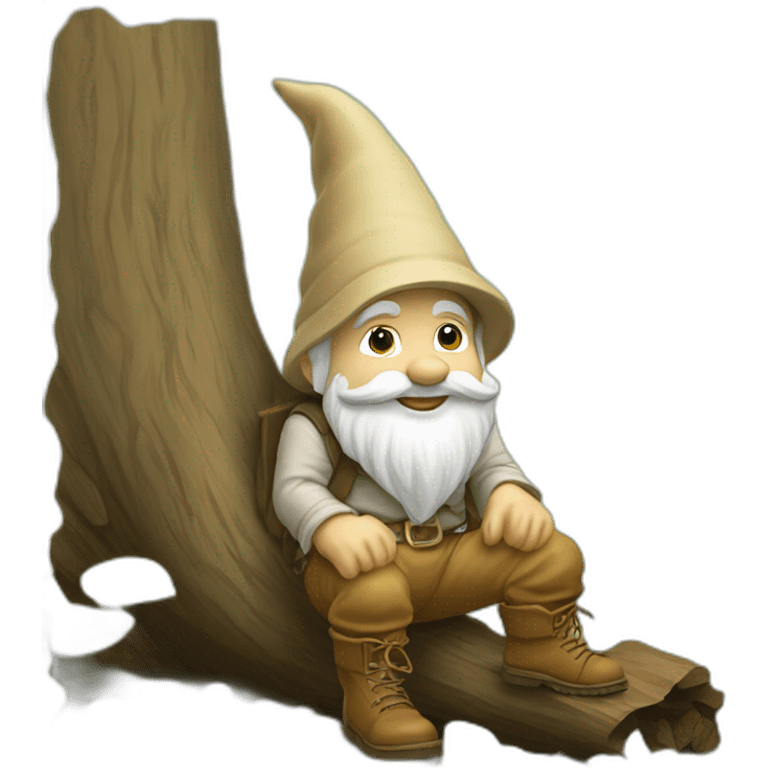 side view of gnome with light tan pants and light tan boots squatting by small brown log emoji