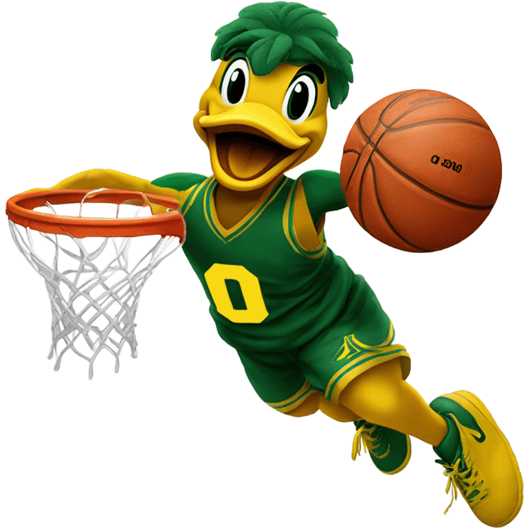 University of Oregon Duck mascot dunking a basketball emoji