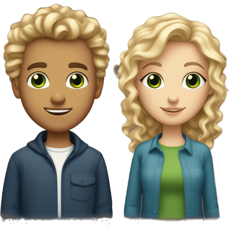 dating couple, boyfriend with dirty blonde curly hair and blue eyes, girlfriend with straight blonde hair and green eyes emoji