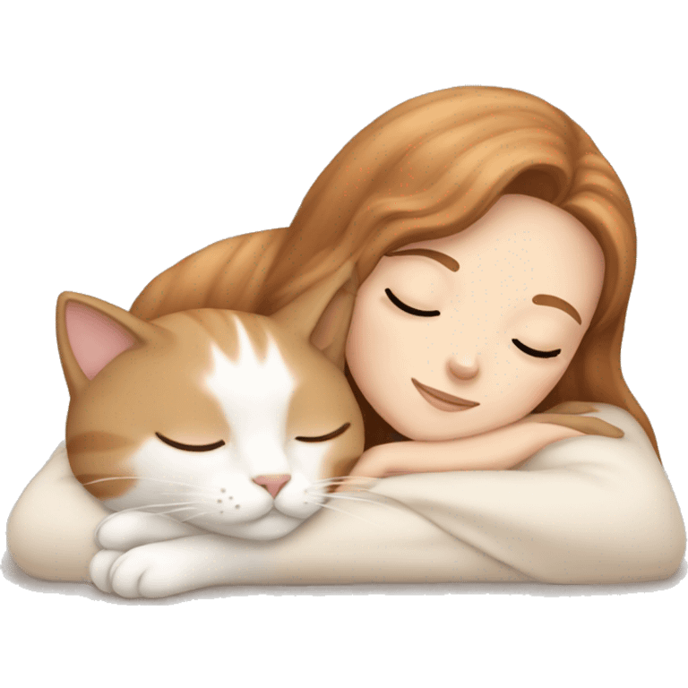 light Beige cat sleeping with girl auburn brown hair  emoji