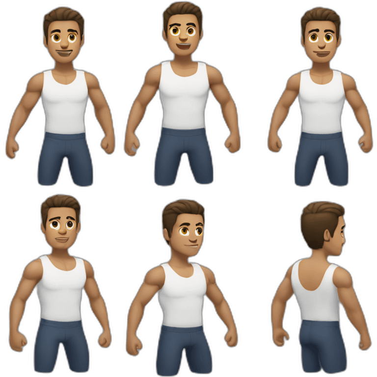 man with athletic body, light skin and dark combed hair doing a pose emoji