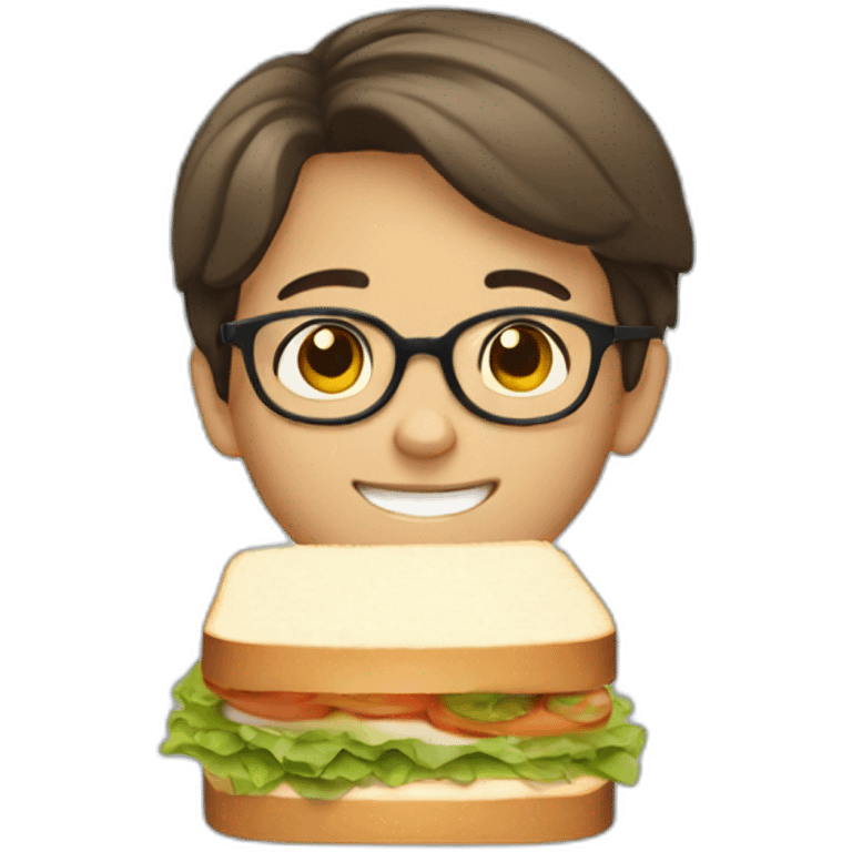 A 12-year-old boy with short brown hair and glasses eats a sandwich emoji