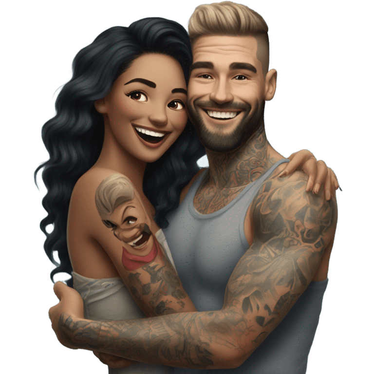 Hyper Realistic beautiful woman in the arms of a very handsome tattooed man laughing  emoji