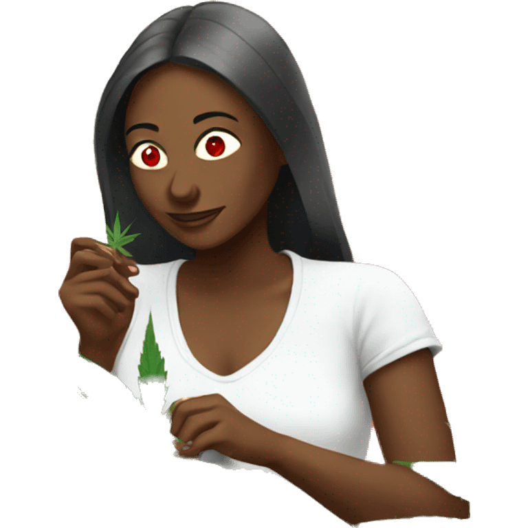 woman tending to marijuana plant with red eyes  emoji