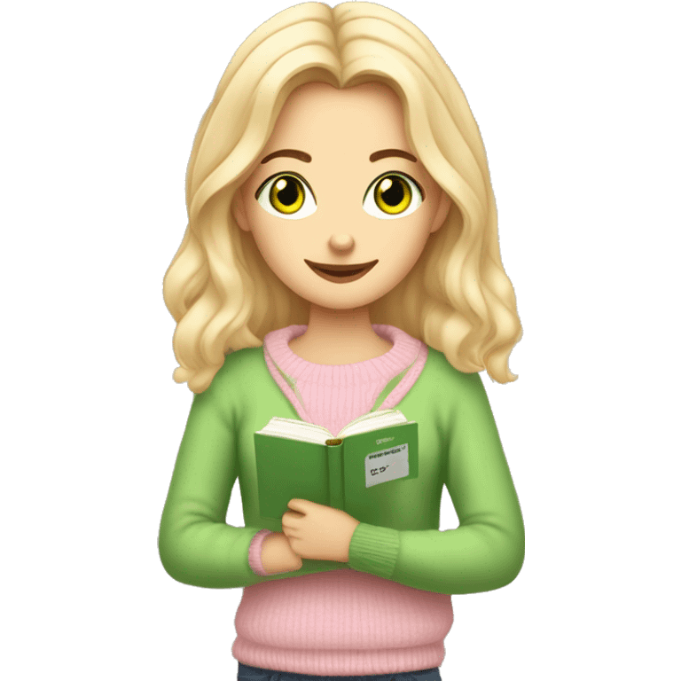 Pretty green eyed white girl with light pink sweater reading cozy emoji