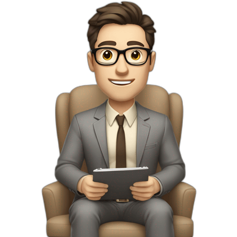 Pale skinned Fit Man With dark brown hair in gray jacket, beige office shirt, Brown pants and vintage glasses sitting In a soft chair with a notebook and a pen Fooling with his tongue emoji