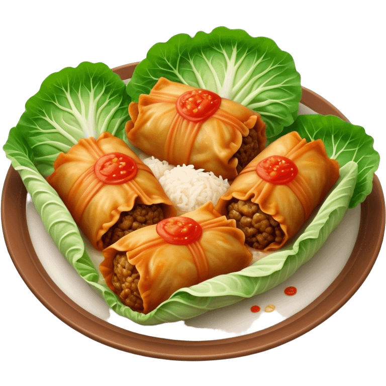 Cinematic Realistic Go≈ÇƒÖbki Dish Emoji, featuring cabbage rolls stuffed with rice and meat rendered with lifelike detail and inviting, homey lighting. emoji