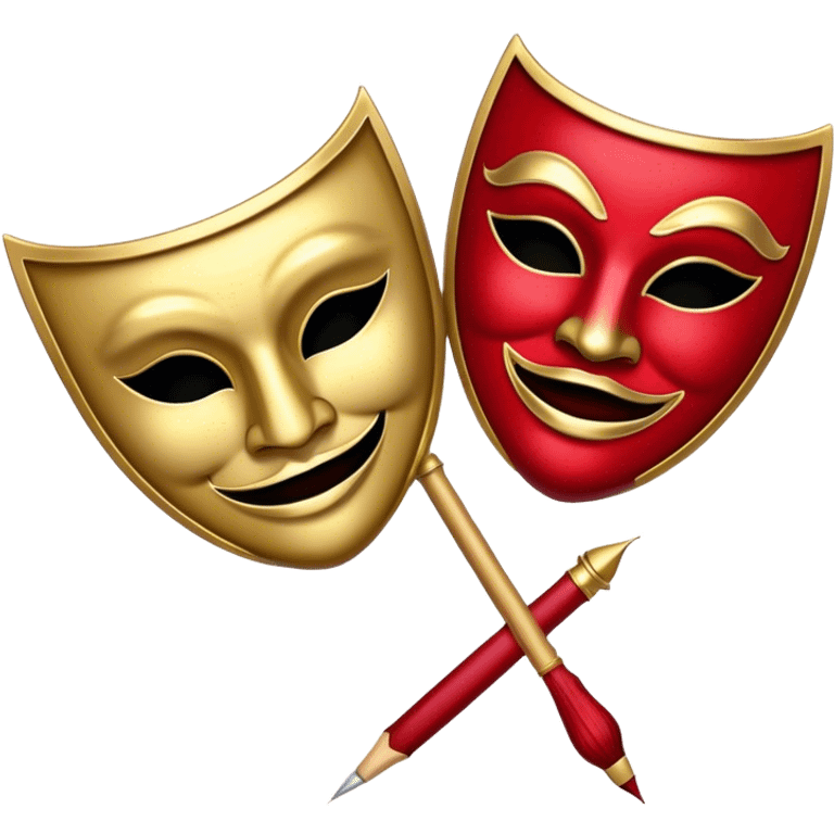 Create a bold and dramatic emoji representing the art of playwriting. The design should feature an open script or a theater playbook, with stylized text lines or dramatic dialogue inside. Include elements like a theatrical comedy and tragedy masks, a stage spotlight, or a writting quill to symbolize creativity and performance. Use deep, contrasting colors like red, black, and gold to evoke the intensity and passion of drama. The overall design should feel dramatic, inspiring, and artistic. Make the background transparent. emoji