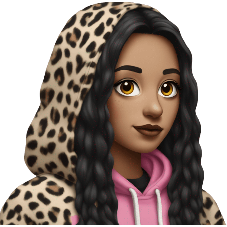 Hyperrealistic white girl with long black hair with a pink fringe and has eye makeup on, she is wearing a black and leopard print hoodie  emoji