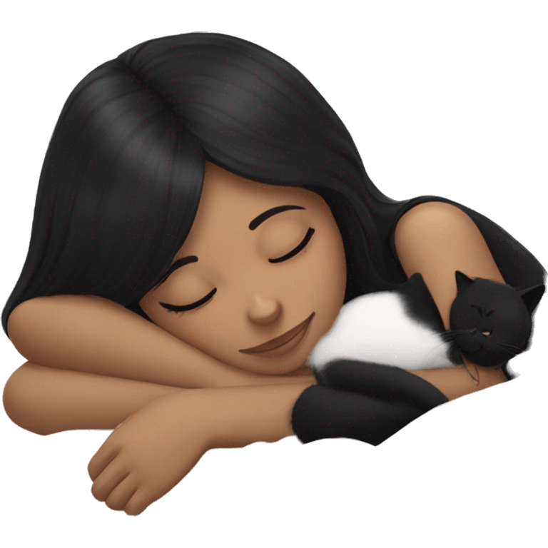 Girl with black hair sleeping with black cat emoji