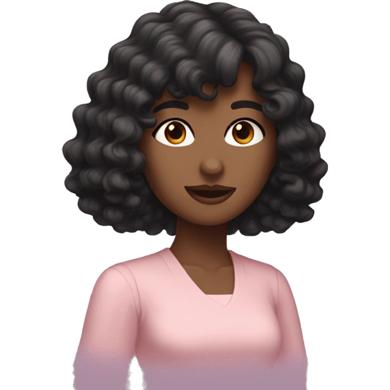 White woman with long black curly hair and bangs and dark brown eyes, wearing a pastel pink dress emoji